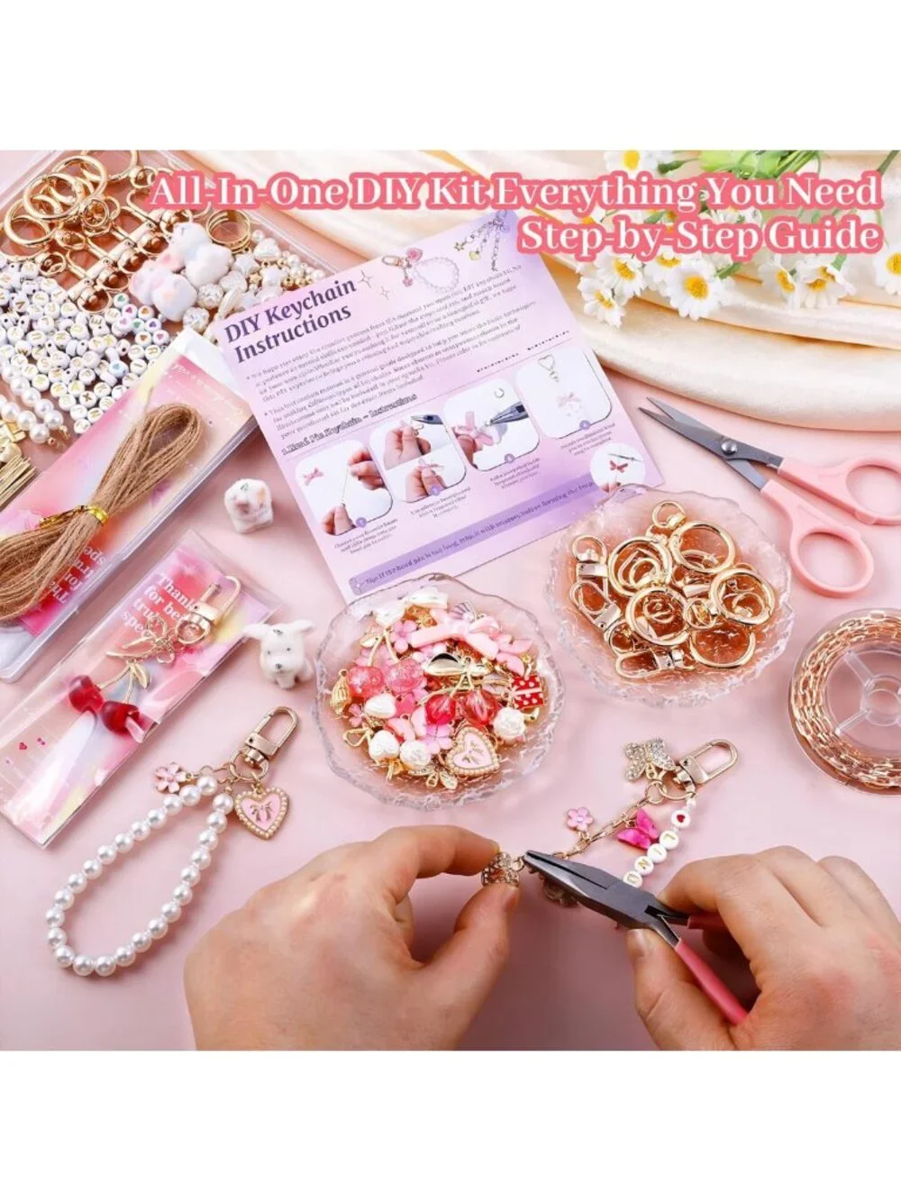 680 Pcs DIY Keychain Making Kit - Pink Bag Charms, Chains, Hooks & 225 Charms